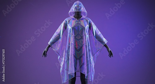 Holographic Rain Poncho on Mannequin, Futuristic Fashion, Purple Background