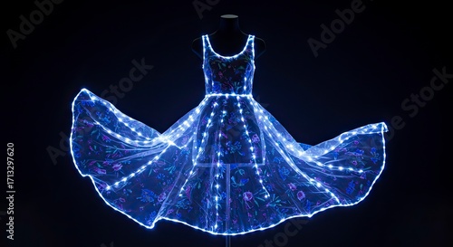 Illuminated Floral Dress on Mannequin, Glowing Fiber Optics, Futuristic Fashion.