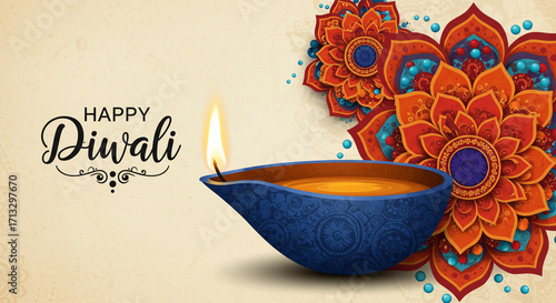 Happy diwali greeting card with diya and floral design on a light colored background for the festival