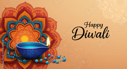 Happy diwali with decorative diya and intricate mandala design on a light brown background image art