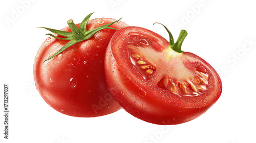 Fresh ripe red tomato and half tomato with water droplets isolated on transparent background © Mohshena