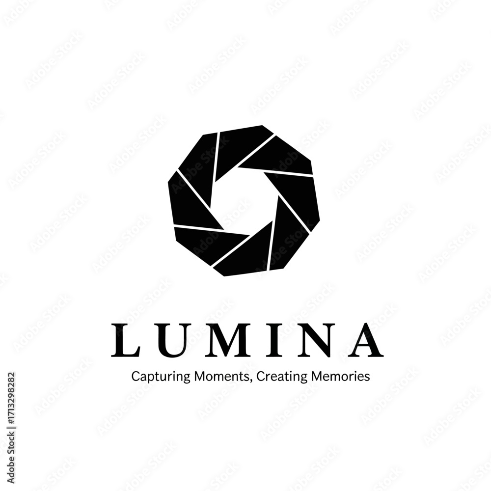 Fototapeta premium Black and white logo design featuring an aperture shape with the word LUMINA and tagline.