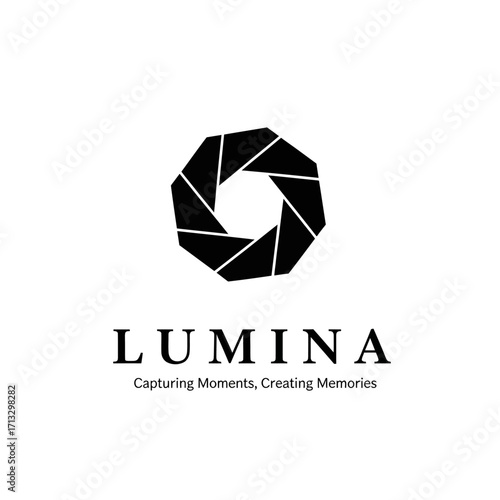 Black and white logo design featuring an aperture shape with the word LUMINA and tagline.