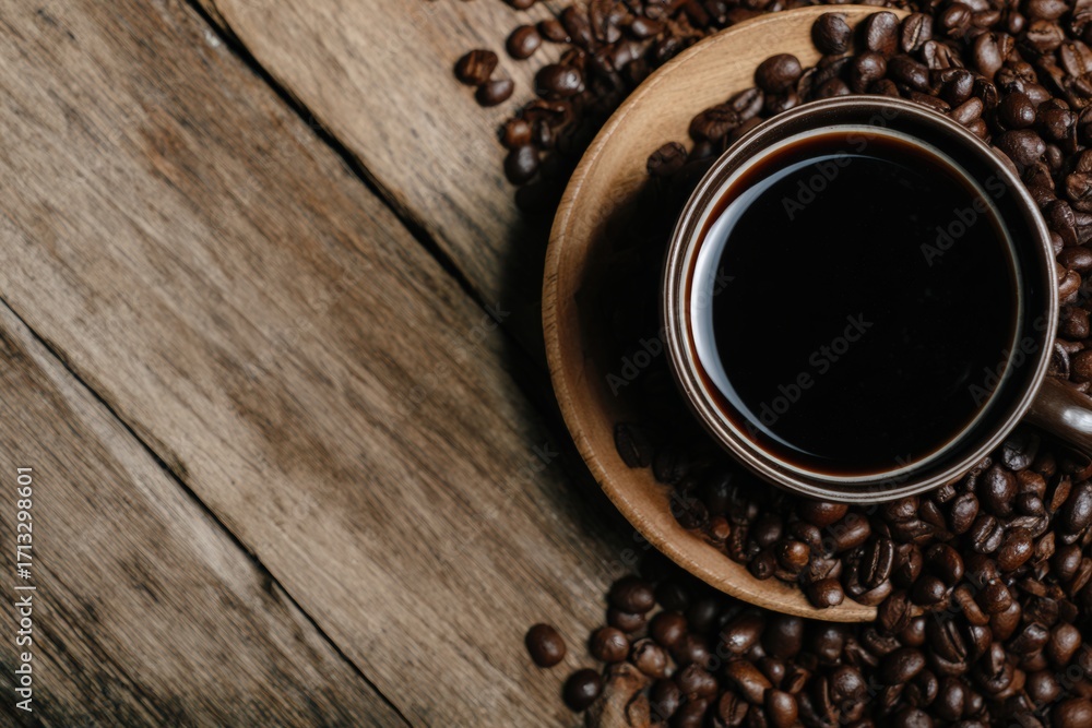 Naklejka premium Aromatic black coffee in brown cup sits on saucer with roasted coffee beans, creating inviting scene on rustic wooden table