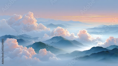 A stunning view of mountain ranges at sunrise with clouds creating a dreamy and serene atmosphere.