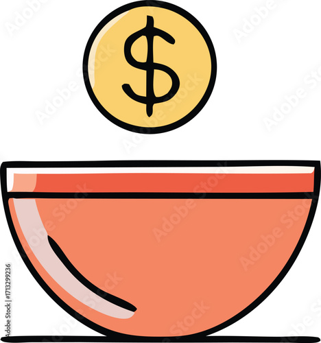 Money donation concept coin falling into orange bowl financial support charity giving assistance offering helping hand fundraising contribution