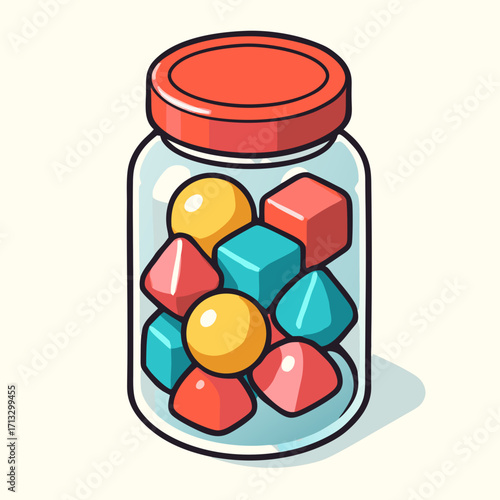 Glass jar with red lid filled with colorful toy blocks in cartoon vector style
