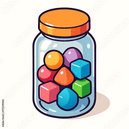 Vector cartoon illustration of glass jar with orange lid filled with colorful geometric toy blocks
