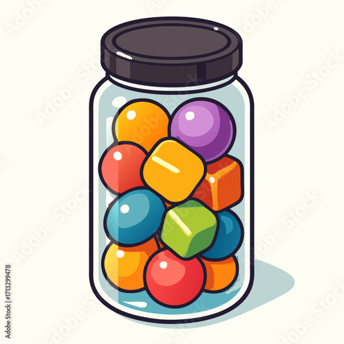 Glass jar with black lid filled with colorful candies in cartoon vector style
