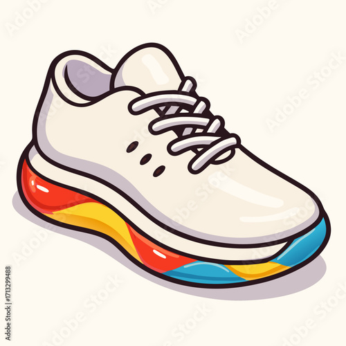 Cartoon vector illustration of white sneaker with colorful rainbow sole, sport footwear
