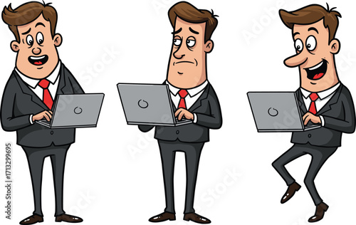 Businessman cartoon character, using laptop, different emotions, professional attire, office work, happy, sad, excited expressions, workplace activity, corporate concept, vector illustration