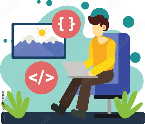 Freelance developer coding at laptop illustration