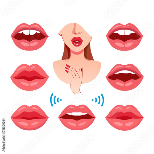 Young woman character mouth animation set. Vector illustration of female lips collection with sound pronunciation.
