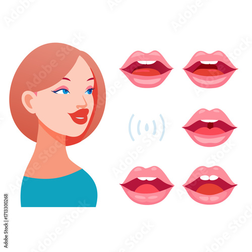 Young woman character mouth animation set. Vector illustration of female lips collection with sound pronunciation.