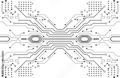 An intricate and symmetrical electronic circuit board design with complex pathways and connection points, rendered in monochrome.