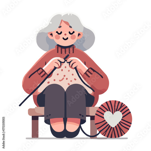 Elderly Woman Knitting a Heart Design with Yarn on Wooden Stool