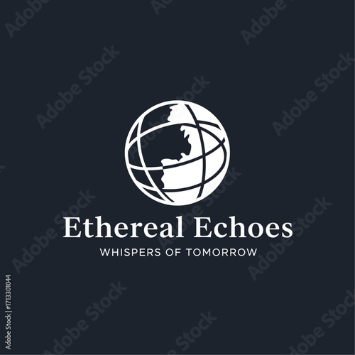 A modern logo design featuring a stylized white globe icon with the text 'Ethereal Echoes' and 'Whispers of Tomorrow' on a dark background.