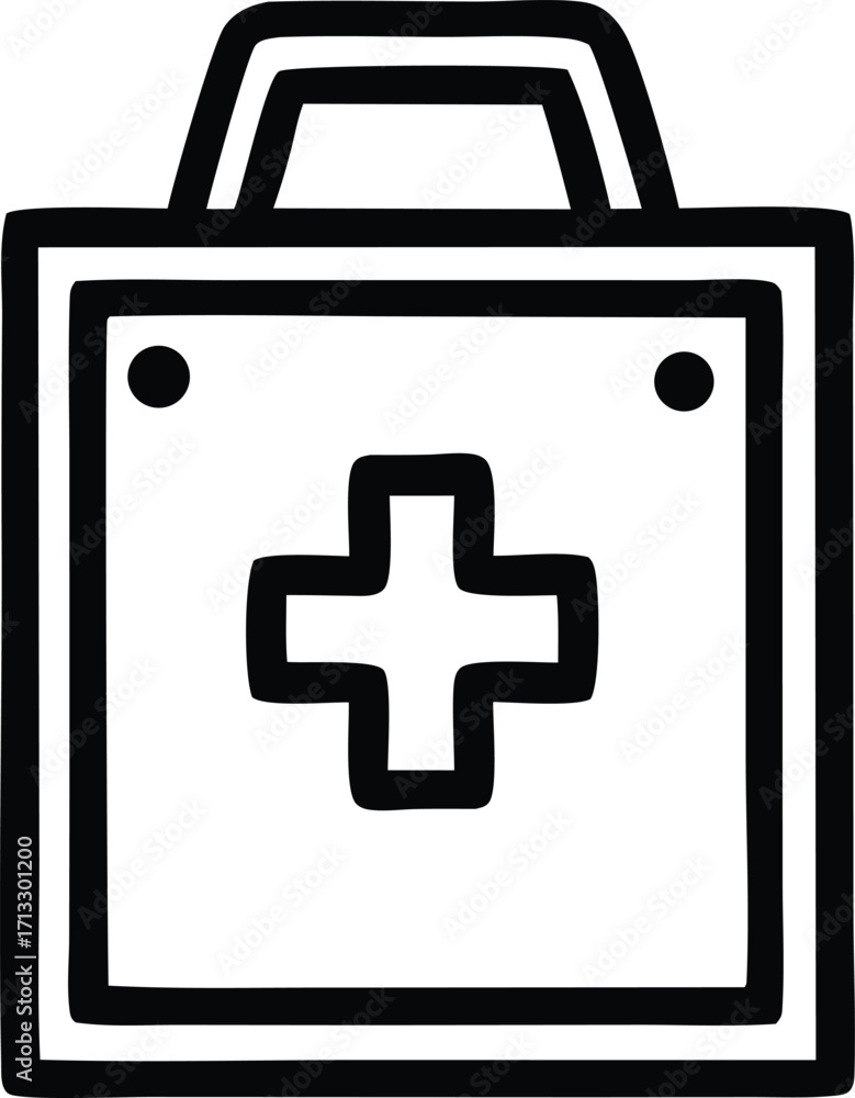 Obraz premium Hand drawn style medical first aid kit bag icon with plus sign symbol for emergency healthcare and safety supplies