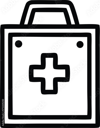 Hand drawn style medical first aid kit bag icon with plus sign symbol for emergency healthcare and safety supplies