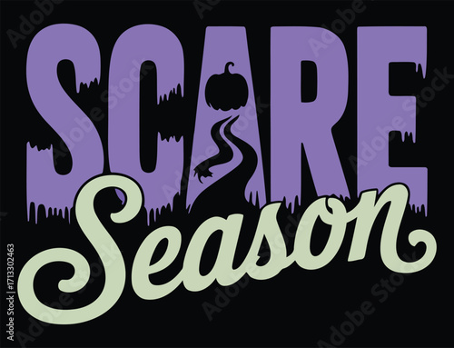 Autumnal Scare Season Typography Design with Pumpkin and Winding Path for Seasonal Greetings