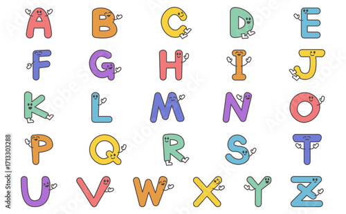 子ども向け英語学習用のアルファベットA〜Zキャラクターのイラスト素材 Colorful Alphabet Letters A–Z Kids Education Illustration