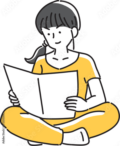 胡坐を組んで書類を見る女性