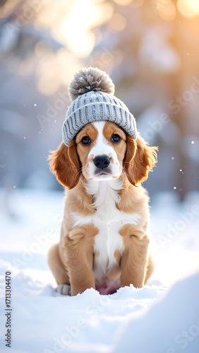 Adorable puppy in winter snow