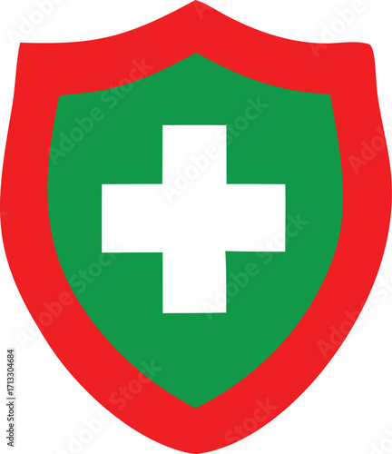 Red shield with green center and white cross symbol representing health and safety protection