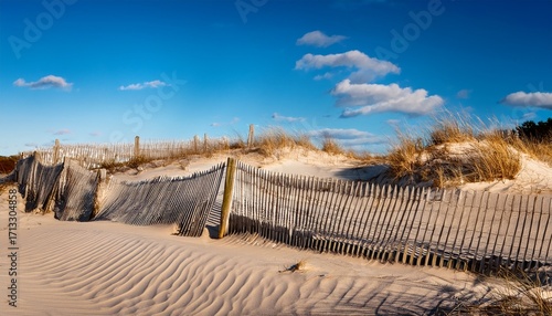 Winter Day Landscape Of Sand Fences In The Dunes Beneath A Sunny Blue Sky At Chapin Beach On Cape Cod Near Dennis Massachusetts