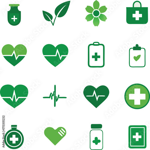 Green medical and healthcare icons set featuring hearts ekg and pharmacy symbols for digital design