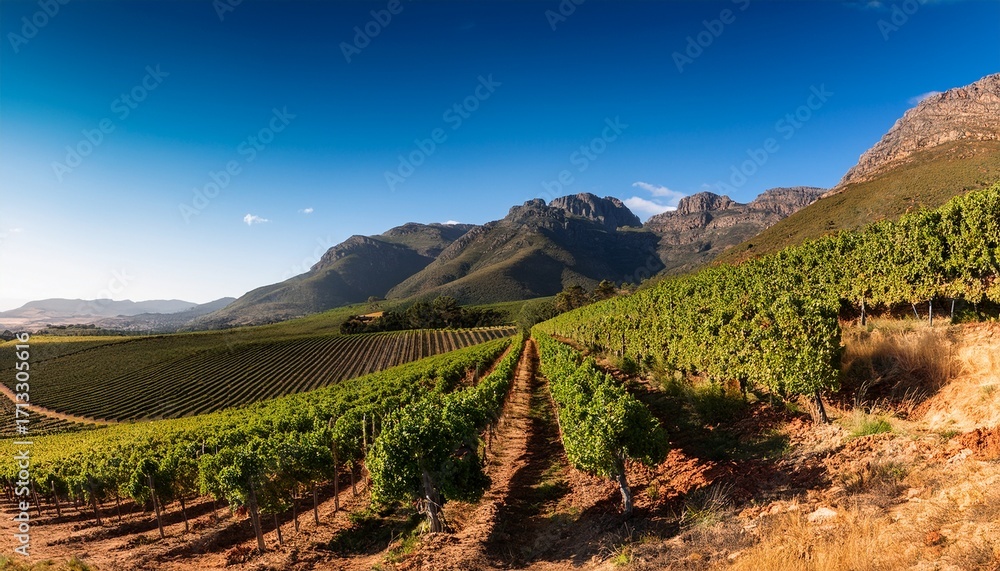 Naklejka premium A Vineyard On A Mountain Slope In The South African Cape Winelands