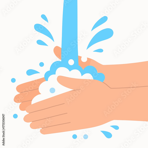 A vector graphic of hands washing with foam and water splashing, solid colors, white background