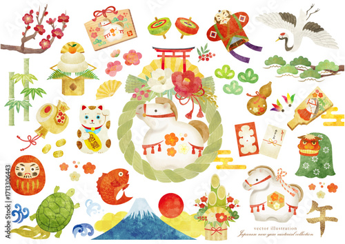 かわいい水彩タッチの午年の年賀用カットイラスト素材セット