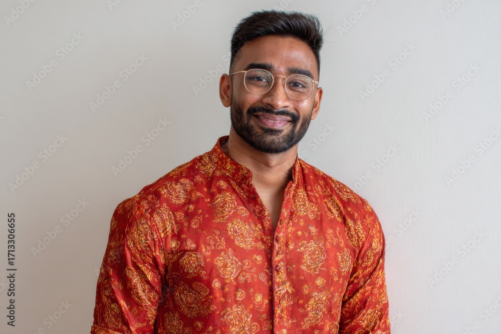 Obraz premium Male office worker in festive attire smiling against a plain background, blending culture with professionalism.