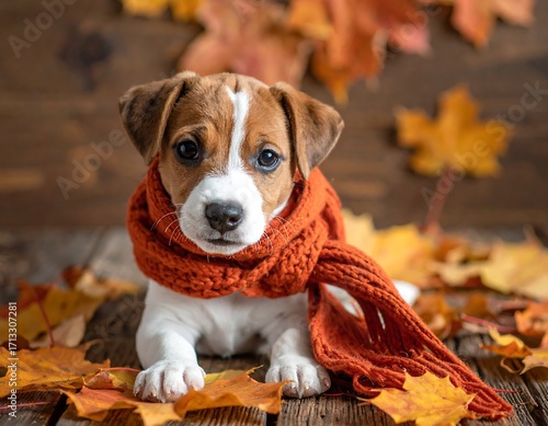 Adorable puppy with autumnal scarf