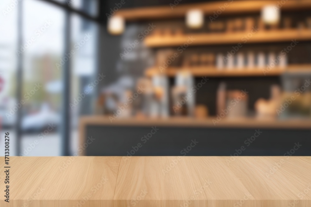 Obraz premium Empty wooden table top with blurred coffee shop background provides ideal space for product placement