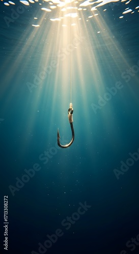 A solitary fish hook dangles in the deep blue water as rays of sunlight pierce the surface from above.