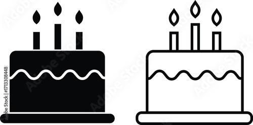 Birthday cake black icon set. Celebration dessert sweet food collection in flat, outline styles, party cake graphic symbols, bakery confection illustration elements isolated on transparent background.