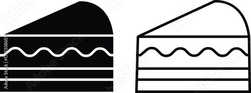 Birthday cake slice black icon set. Celebration dessert sweet food collection in flat and outline styles, party cake graphic symbols, bakery confection illustration elements on transparent background.