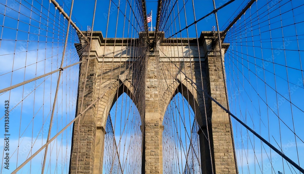Obraz premium NYC Bridge, cables, arches, stonework, blue sky
