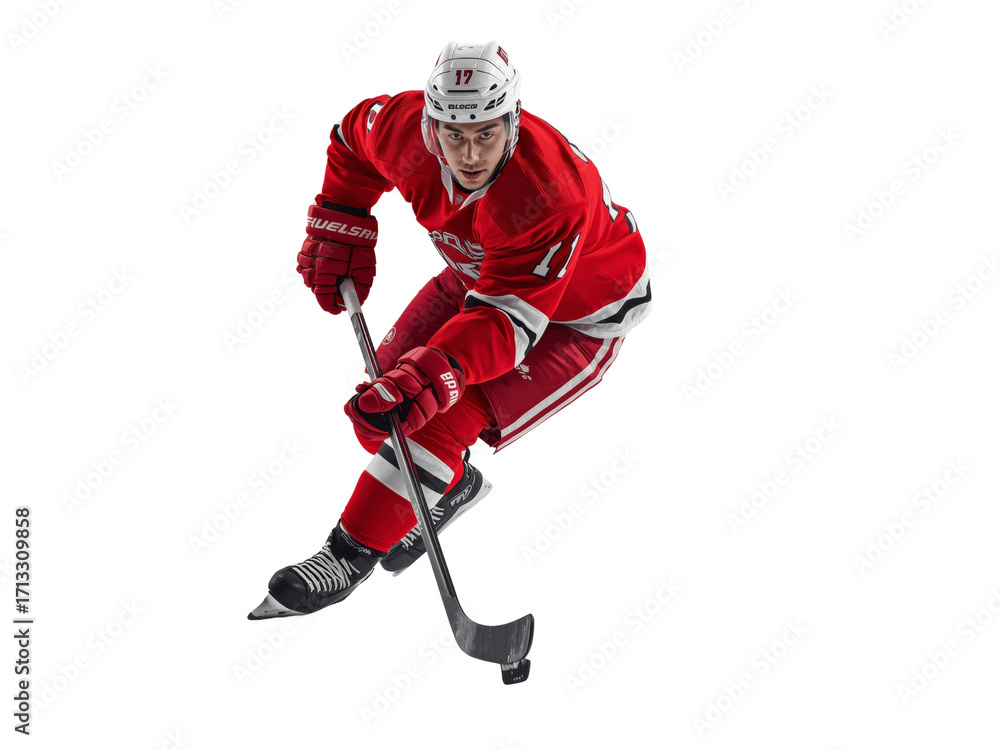 Fototapeta premium Focused hockey player in motion with powerful stance and poised stick handling ready for action on