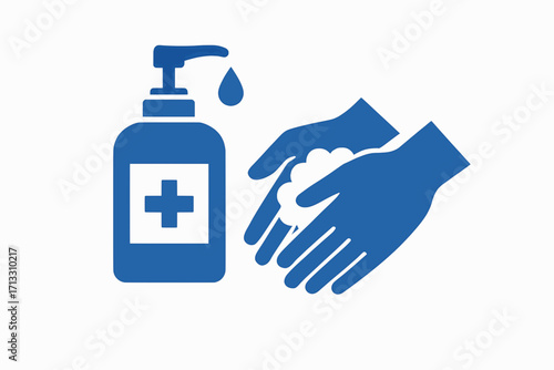 A vector illustration of hands washing with a bottle of liquid soap, solid colors, white background