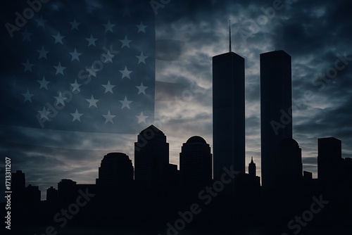 Twin towers silhouette against american flag and night sky