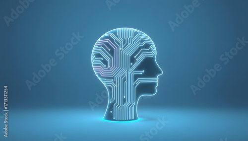Artificial Intelligence Futuristic depiction of a digital brain within a human head profile