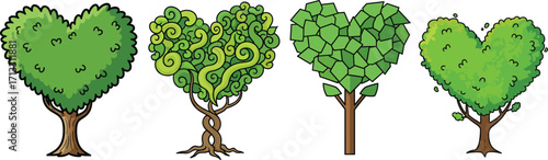 Beautiful heart shaped trees with green leaves, romantic nature illustration, eco friendly concept, love symbol design, vector art decoration.