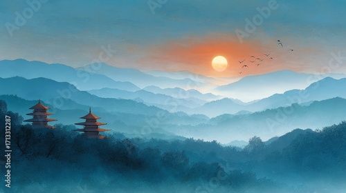 A picturesque scene of mountains with traditional pagodas, sunset, mist, and flying birds, showcasing a tranquil natural landscape.
