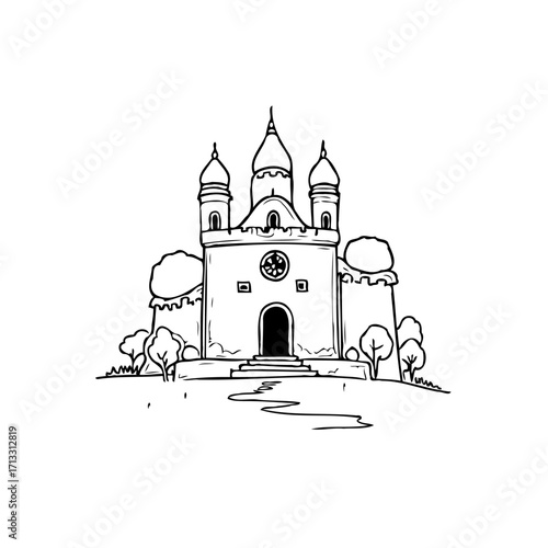 Elegant minimalist illustration of a charming historic church building on a verdant hilltop