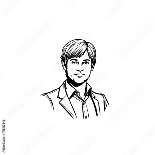 Elegant minimalist portrait depicts a youthful man in a blazer with a confident demeanor and clean