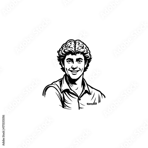 Elegant monochrome portrait displaying a smiling curly-haired individual in refined attire with