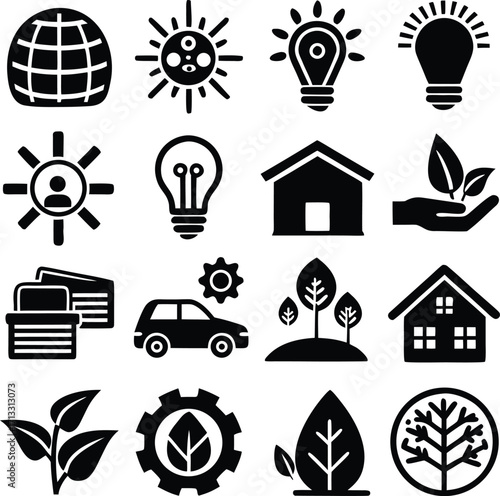Collection of environmental and business icons representing sustainability innovation and growth concepts